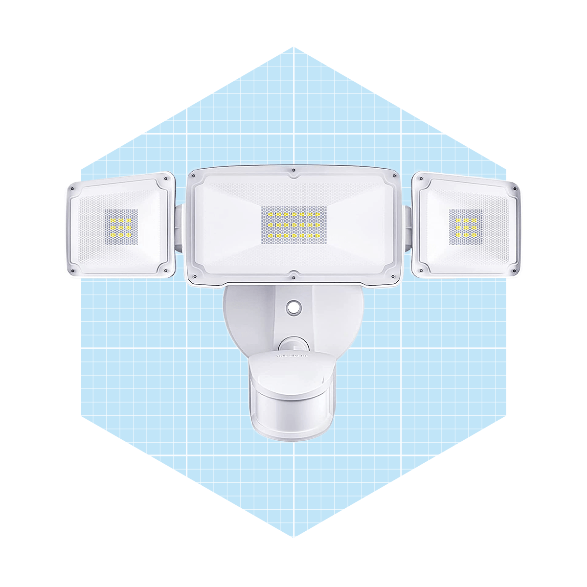 A motion-activated security light with three adjustable heads illuminates an area, set against a light blue grid background.
