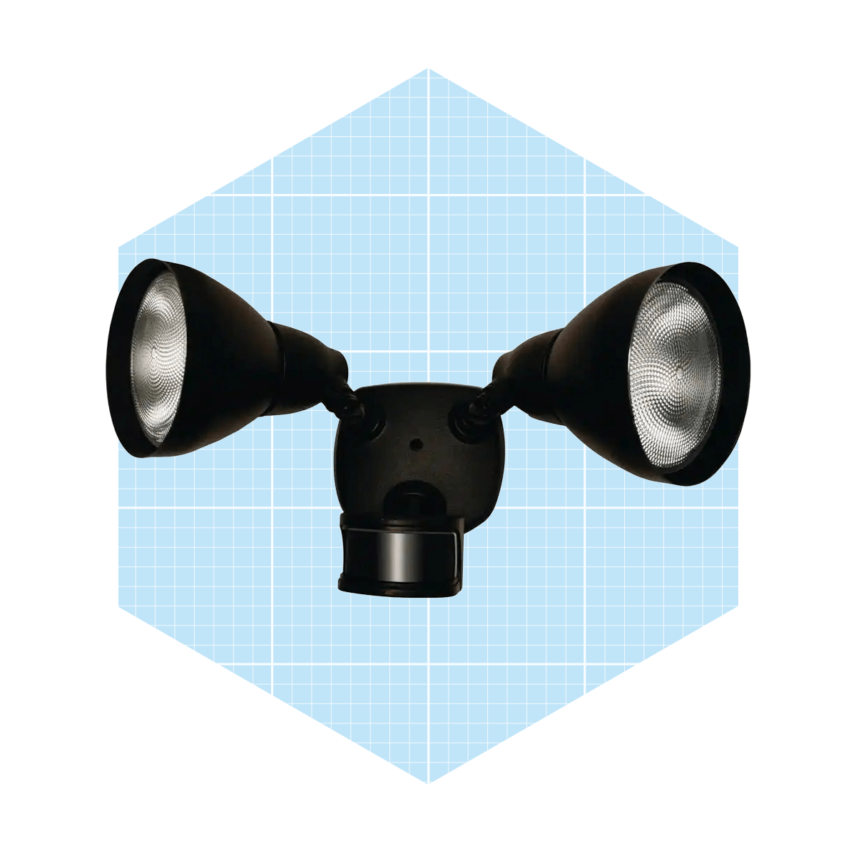 A dual-head outdoor security light illuminates areas, mounted on a central fixture against a light blue grid background.