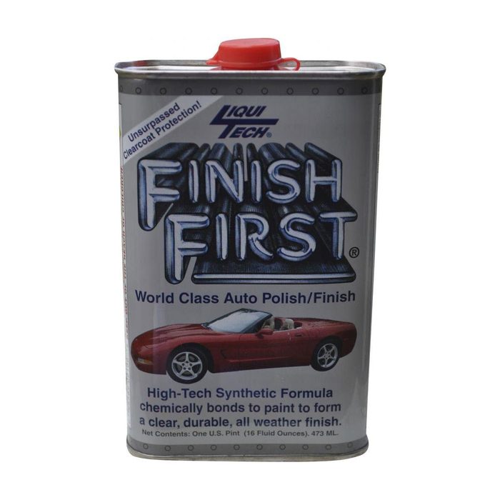 A cylindrical can of auto polish displays a red sports car, promoting high-tech synthetic paint protection in a clear, durable finish.