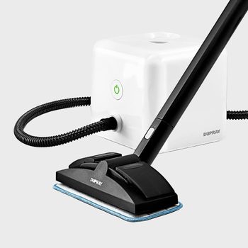 A steam cleaner consists of a black nozzle with a cleaning pad, connected to a white rectangular unit via a hose, designed for cleaning surfaces.
