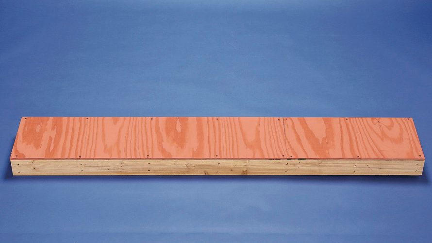 A rectangular wooden plank with a smooth, orange-coated surface rests horizontally against a blue background, suggesting potential use in construction or craft projects.