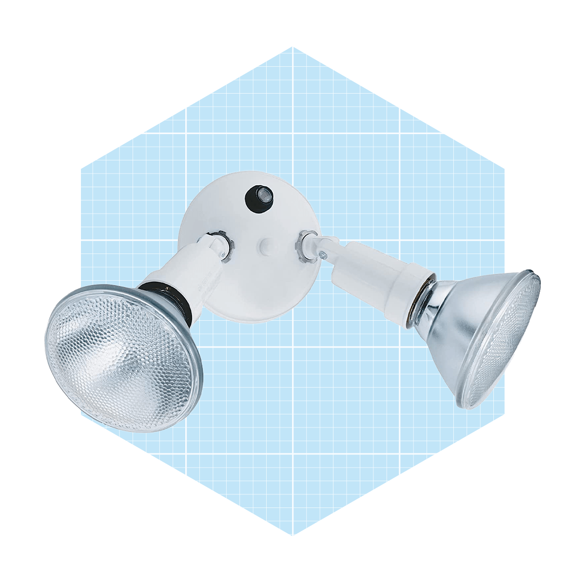 Two adjustable floodlight fixtures are mounted on a round white base, set against a light blue grid-patterned background.