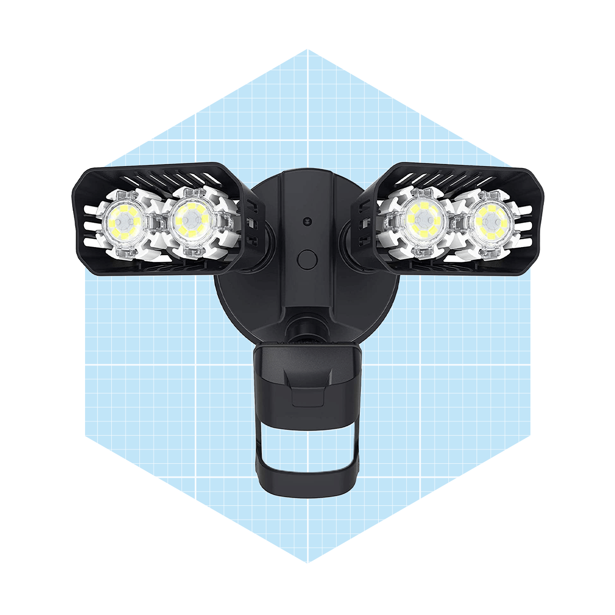 Dual LED floodlights are mounted on a black fixture, angled outward, illuminating a light blue grid background.