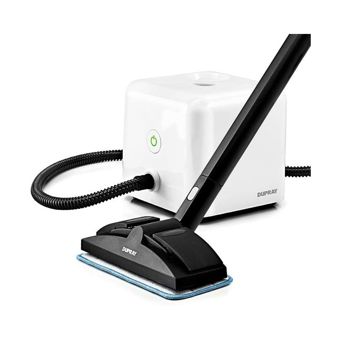 A handheld steam cleaner features a large, rectangular cleaning head and connected hose, resting beside a compact, white steam generator with a power button.