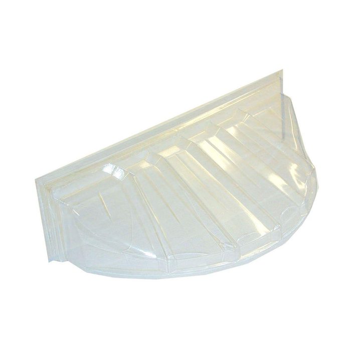 A transparent plastic tray with multiple compartments rests flat, designed for organizing or serving items, typically used in food presentation or dessert displays.
