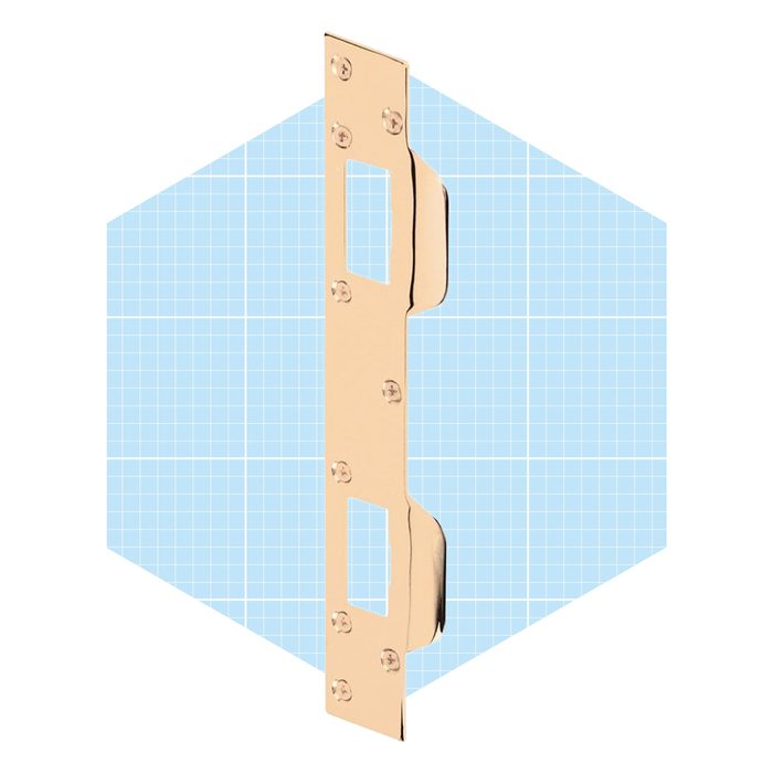 A metal door strike plate stands vertically, showcasing screw holes and a cutout for a latch, set against a light blue grid background.