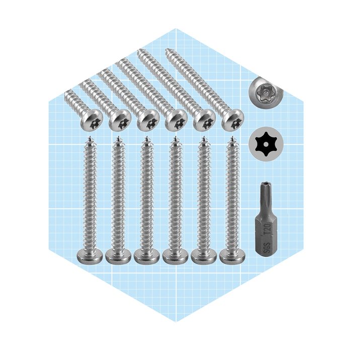 A set of metal screws and a driver bit are displayed against a light blue grid background, emphasizing their material and shape for assembly tasks.