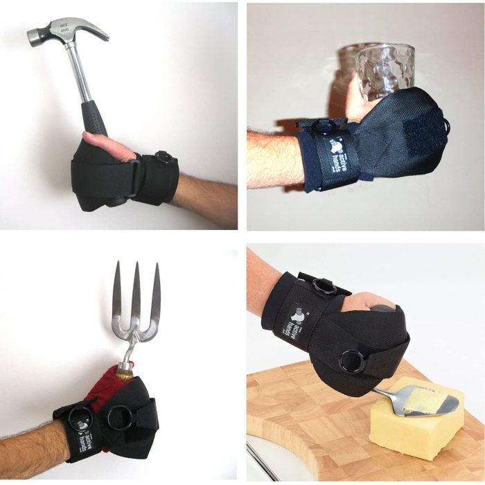 Four gloves are shown, each holding different tools or objects: a hammer, a glass, a fork, and a cheese slicer, demonstrating varied gripping capabilities.