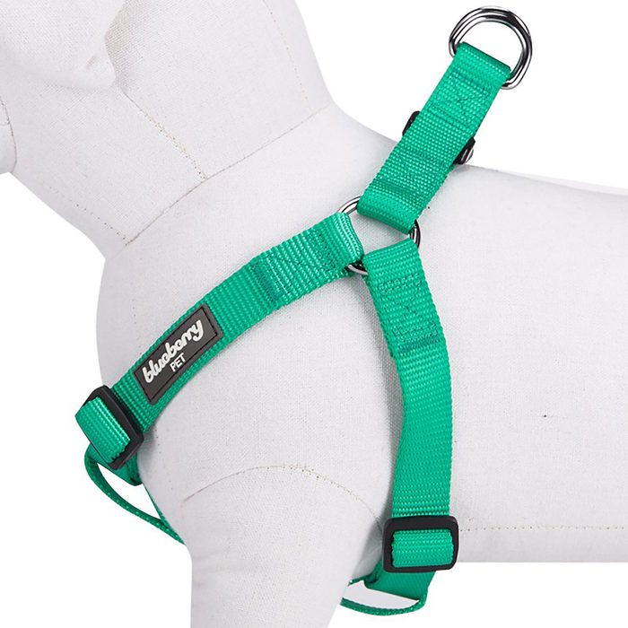 A green dog harness is fitted on a white, fabric model, featuring adjustable straps and metal attachment rings for leash connection in a neutral setting.