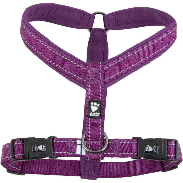 A purple dog harness lies flat, featuring adjustable straps and a metal ring for leash attachment, designed to comfortably secure a pet during walks.