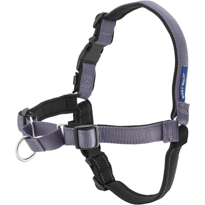 A gray dog harness lies flat. It features adjustable straps, a padded section for comfort, and a metal ring for attaching a leash, suitable for walking.