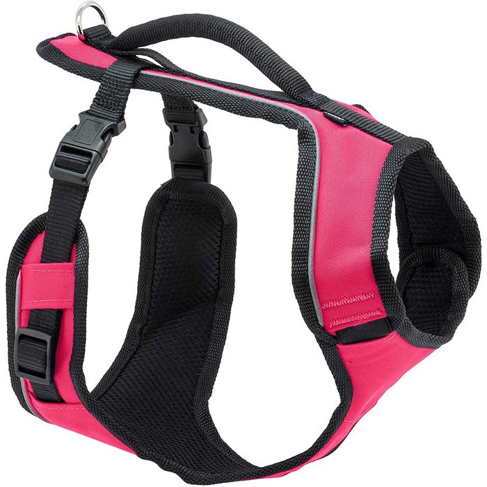 A bright pink dog harness lies on a flat surface, featuring straps and padding for comfort, designed for securing a dog during walks.