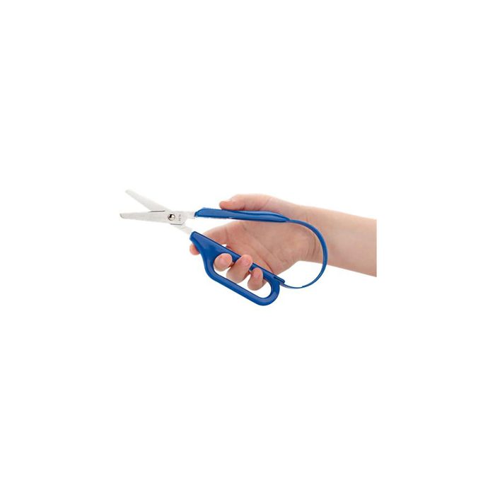 A hand holds blue-handled scissors, open and ready to cut, against a plain white background, emphasizing the scissors