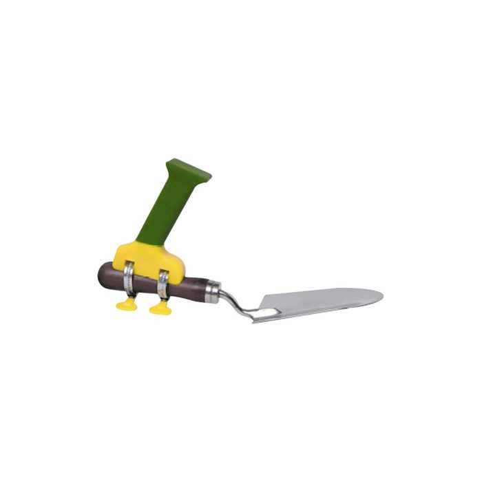 A gardening trowel with a green handle and yellow grip is positioned upright, showcasing a metal blade. It appears isolated against a plain background.