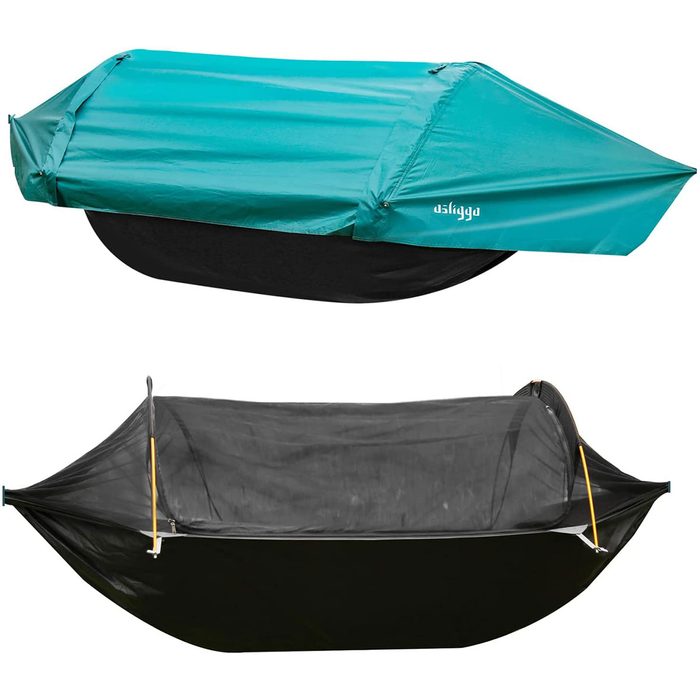 A split-camping hammock features a turquoise rain fly above and a black mesh base below, designed for outdoor sleeping or relaxing.