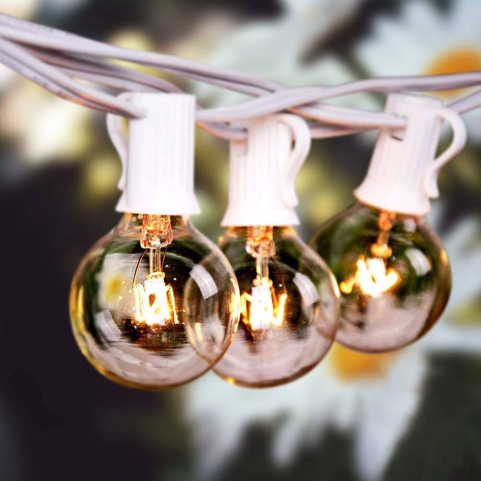 Three round light bulbs glow warmly, suspended on a white wire, against a softly blurred background of flowers.