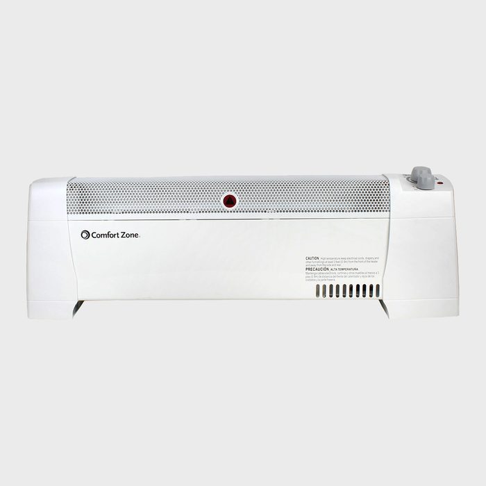 A white electric heater emits warmth, featuring a front grille for airflow. It is positioned against a plain background, suggesting indoor use.