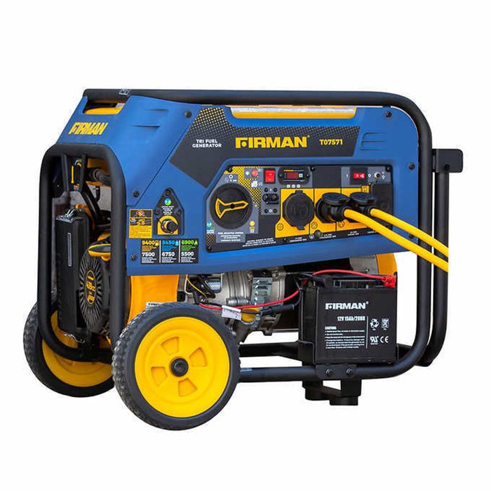 A portable blue and yellow generator with wheels, displaying control switches and a power outlet, is positioned on a flat surface for energy supply.