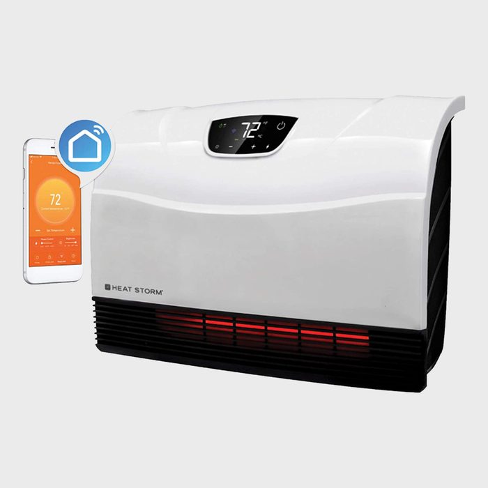 A portable electric heater displays a digital temperature of 72°F, alongside a smartphone app icon for remote operation. It features a sleek white and black design.
