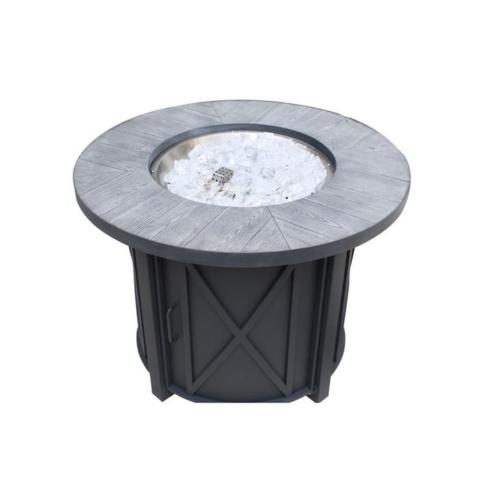 A round fire pit table features a wooden top and a central basin filled with ice, surrounded by a dark, cylindrical base.