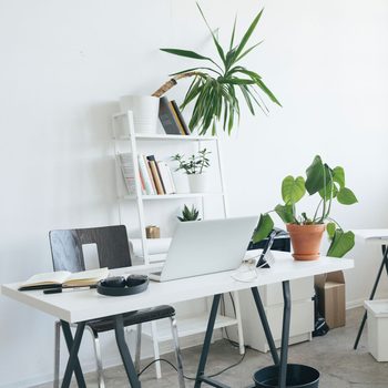 A white desk holds a laptop and notebook, surrounded by plants and books in a light, minimalistic home office setting.