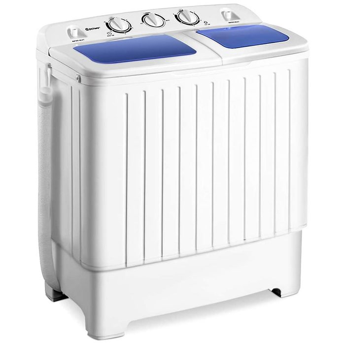 A compact washing machine with two blue tops and three knobs, designed for laundry tasks in a home environment, features a drainage hose attached.