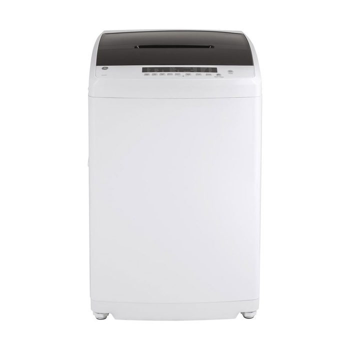 A top-loading washing machine is displayed, featuring a black lid and a control panel. It