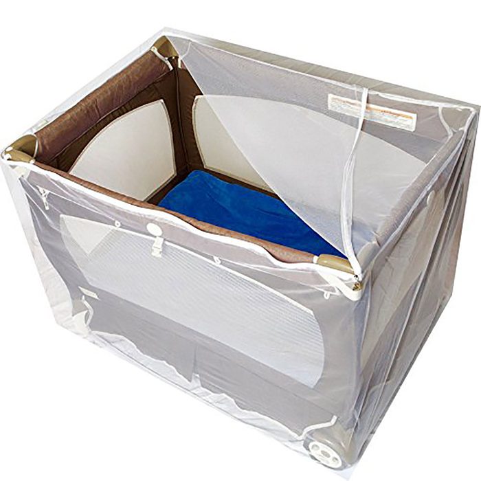 A portable playpen features a mesh cover, providing safety while a blue mat sits inside. It is designed for use in various indoor environments.