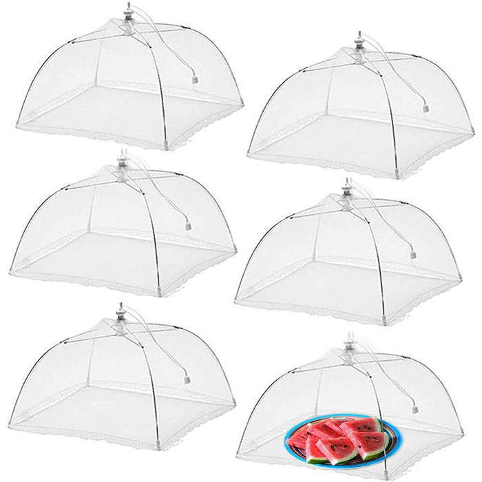 Six transparent food covers are positioned, with one displaying a plate of sliced watermelon. The context suggests a setting for keeping food protected.