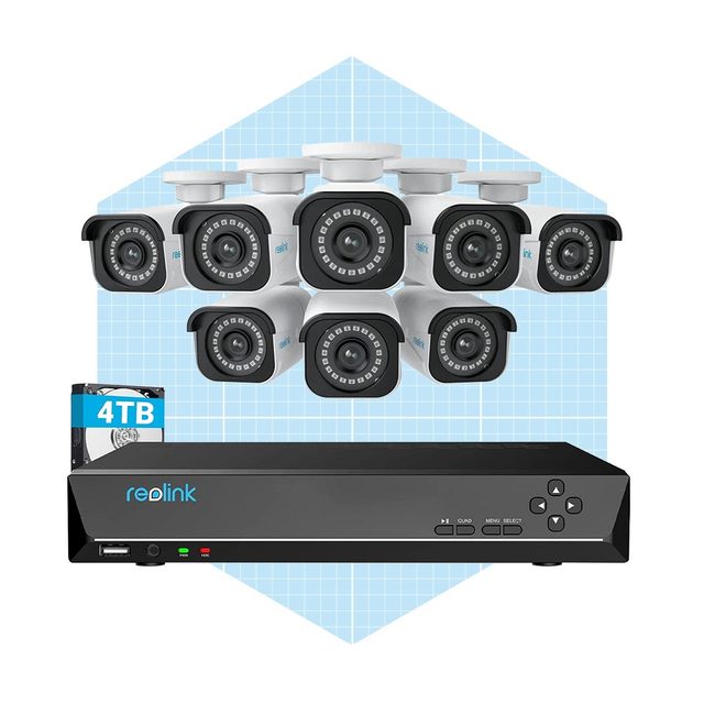 A security camera system displays multiple cameras and a digital video recorder on a grid background. The recorder features a 4TB storage label.
