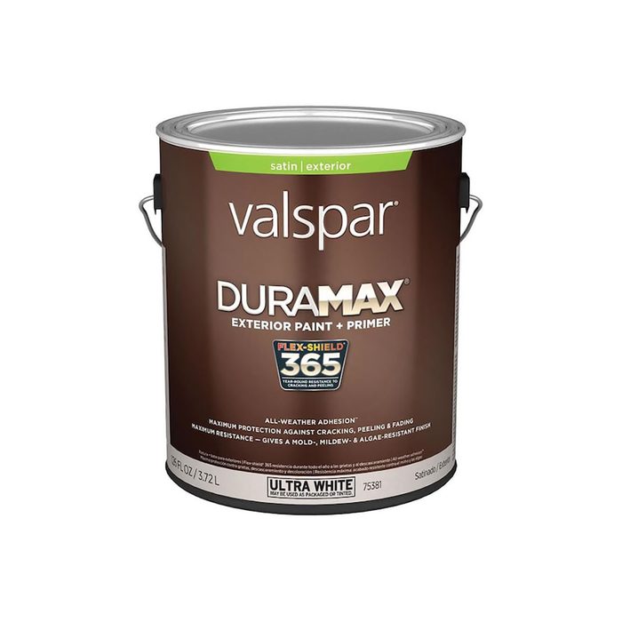 A can of Valspar DuraMax exterior paint sits upright, labeled with product details, designed for protective and aesthetic outdoor applications.