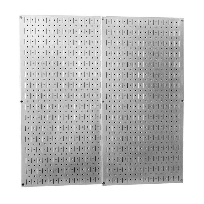A metallic pegboard consists of two sections, featuring a grid of evenly spaced holes, designed for organizing tools and accessories in a workshop or garage.