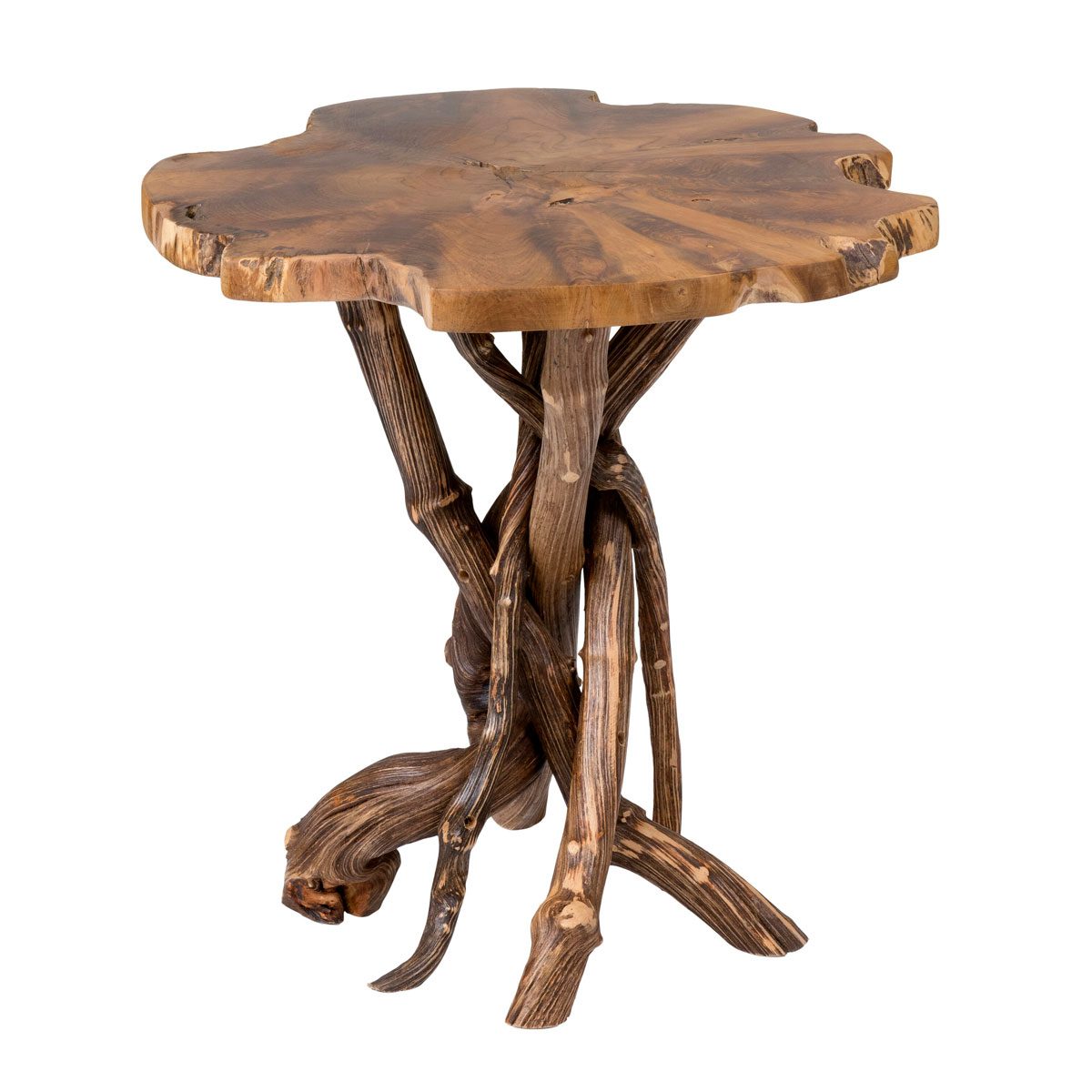 A unique wooden table with a thick, irregular top rests on intricately twisted branches for legs, showcasing a natural, rustic design.