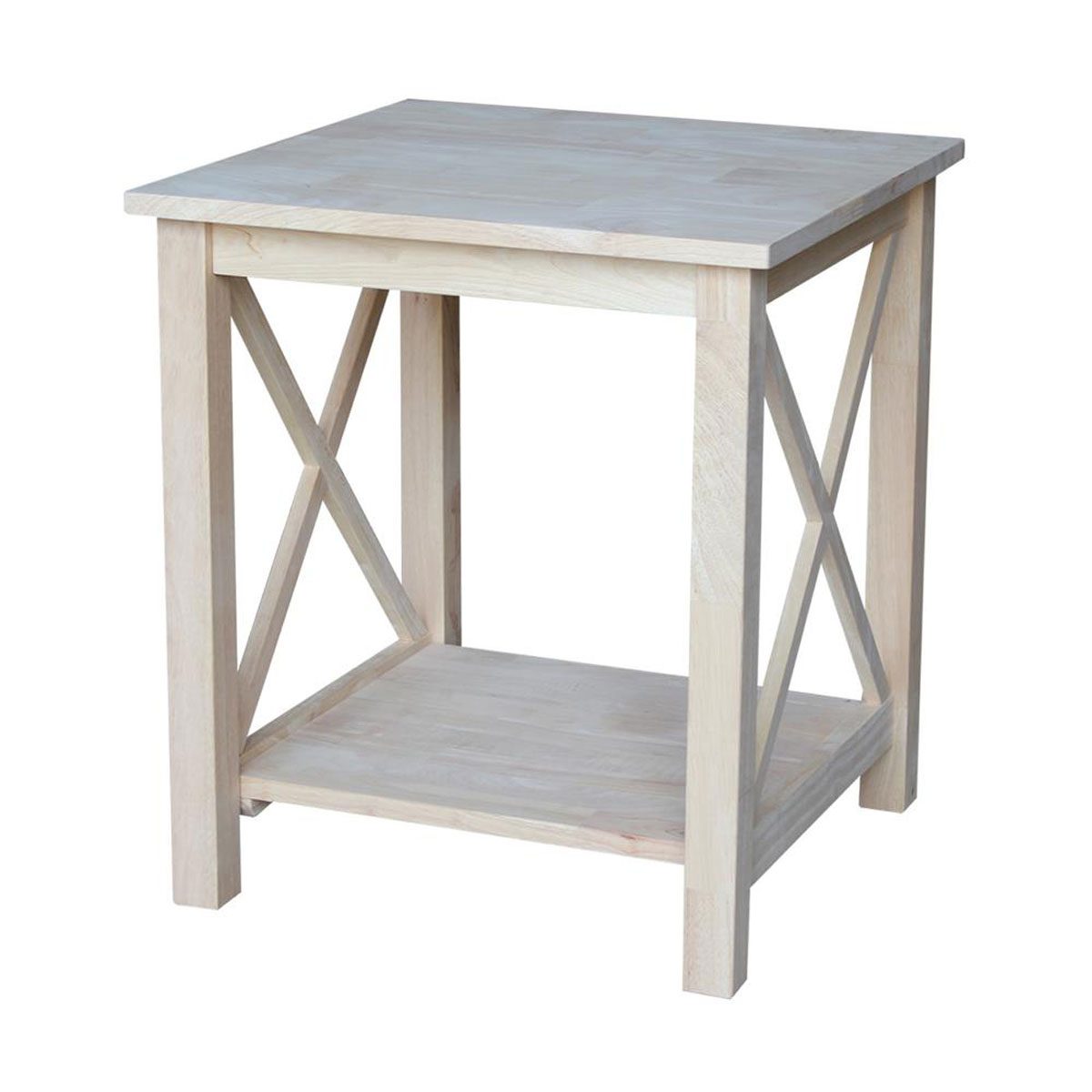 A wooden side table with a square top and an open shelf underneath, featuring crossed support beams on the sides. It appears unpainted and simple.