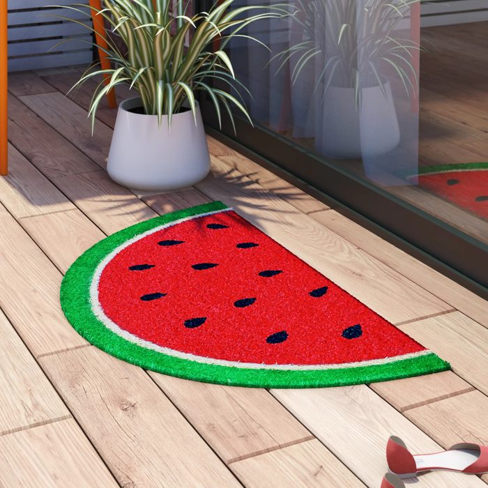 A vibrant watermelon-shaped doormat lies on wooden flooring outside a glass door, accompanied by a potted plant and a red shoe nearby.