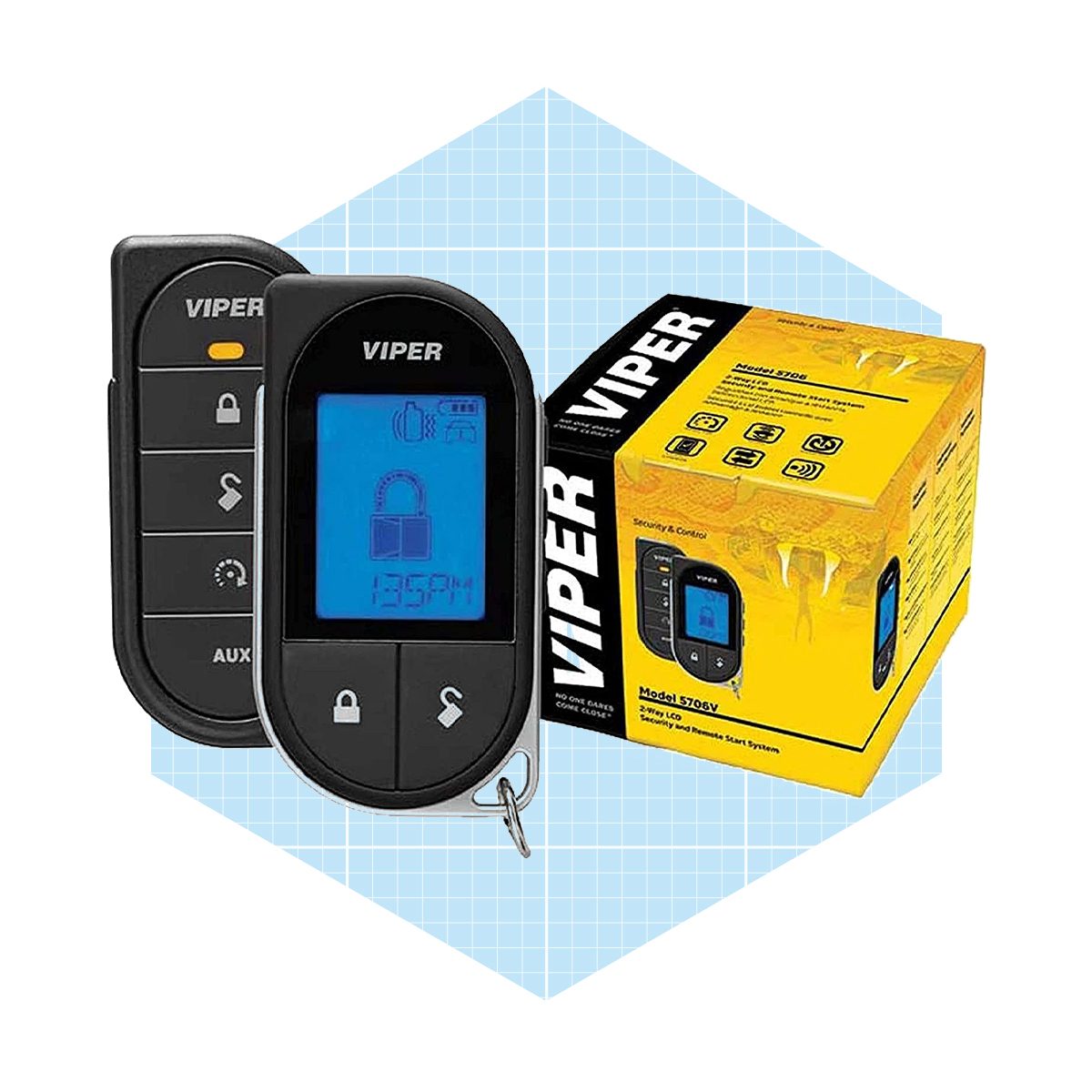 A Viper remote control, displaying a lock icon on its screen, is positioned next to its packaging on a light blue grid background.