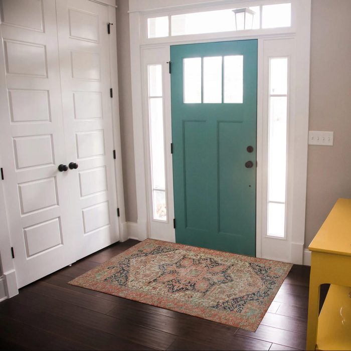 A teal front door stands open, welcoming light into a cozy entryway adorned with a decorative rug, flanked by white closets and a yellow table.