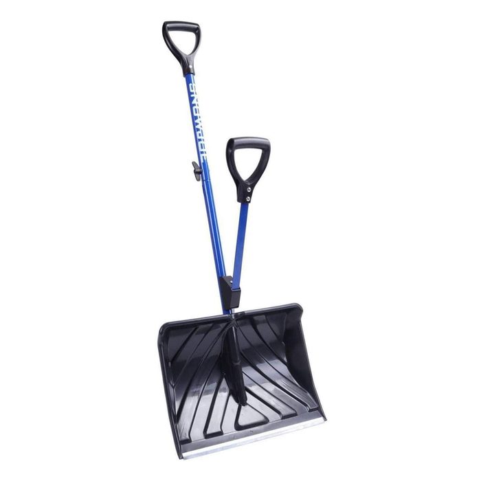 A blue snow shovel stands upright, featuring a wide, flat blade for scooping snow, ready for use in a wintery environment.