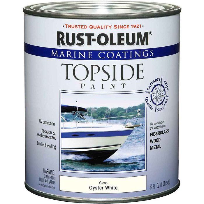 A can of Rust-Oleum Marine Coatings, labeled as topside paint in gloss oyster white, displays a boat on water, indicating ideal usage for marine surfaces.