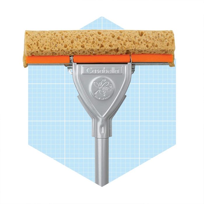 A sponge squeegee is positioned upright, with a gray handle and orange accents, set against a light blue grid background.
