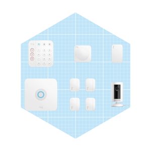 A collection of smart home security devices, including cameras and sensors, is arranged on a light blue grid background, showcasing innovative home protection solutions.