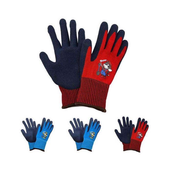 Child-sized gloves in red and blue, featuring cartoon characters, are displayed together, highlighting their playful design and colorful patterns suitable for outdoor activities.