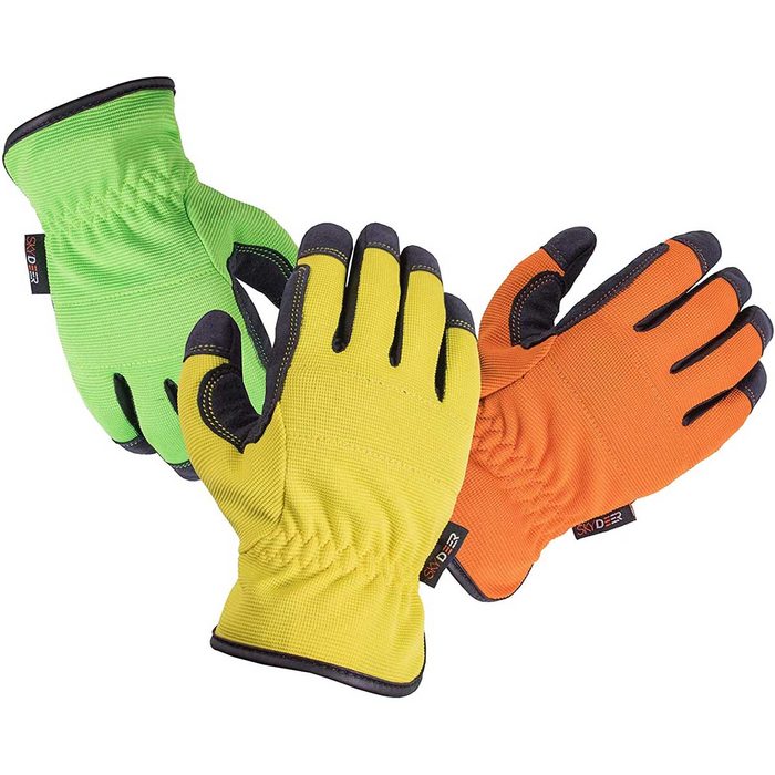 Three colorful work gloves in green, yellow, and orange are displayed together, showcasing their fitted wrist design and textured palms, ideal for handling tasks.