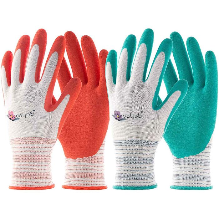 Four gardening gloves, two orange and two teal, display their textured surfaces. They are positioned side by side on a neutral background, ready for use.