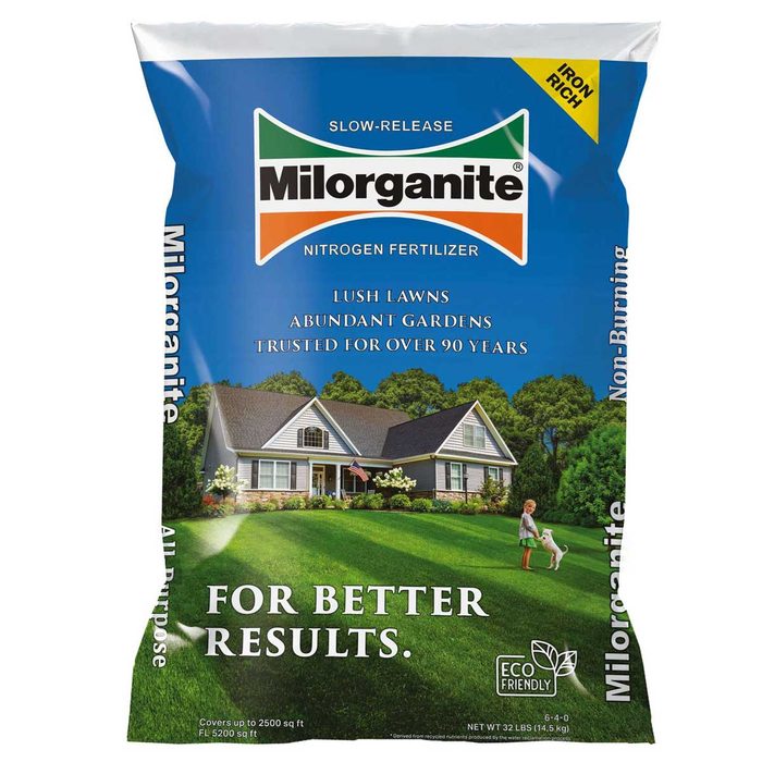 A bag of Milorganite nitrogen fertilizer displays text emphasizing lawn care, set against a backdrop of a well-maintained home and garden.