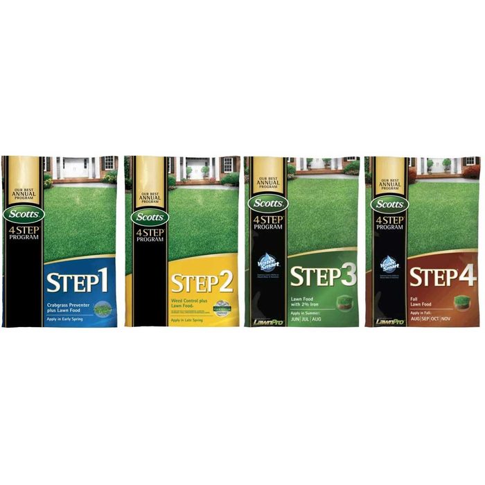 Four bags of lawn care products, labeled as steps one through four, are aligned side by side against a green lawn backdrop.