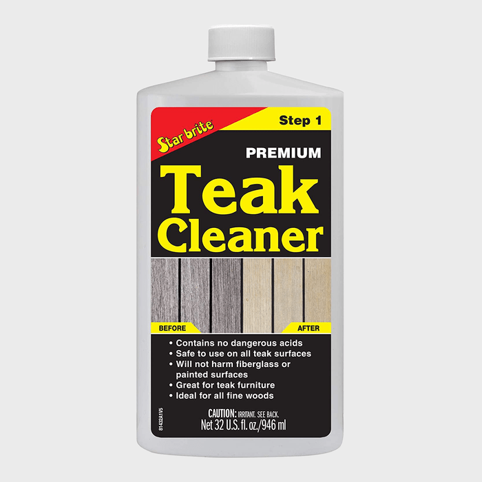 A bottle of teak cleaner displays before-and-after images of wood. It contains safety instructions and usage information for cleaning furniture and surfaces.