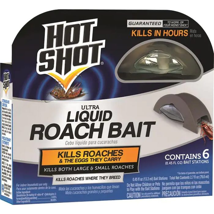 A packaging box holds liquid roach bait, designed to kill roaches, including their eggs, in various settings. It contains six bait stations.