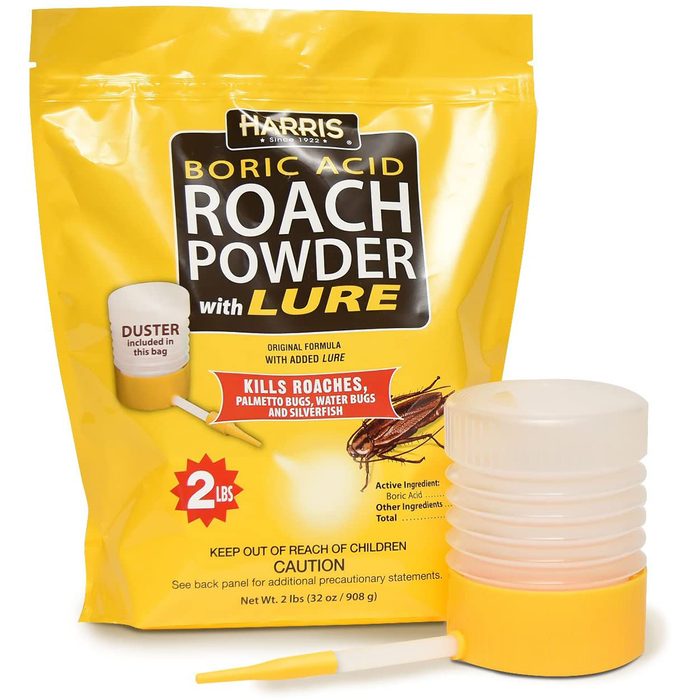 A yellow bag of boric acid roach powder sits with a duster attachment. It
