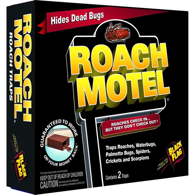 A colorful box labeled "Roach Motel" contains traps for insects, stating they check in but don't check out, placed against a black background.